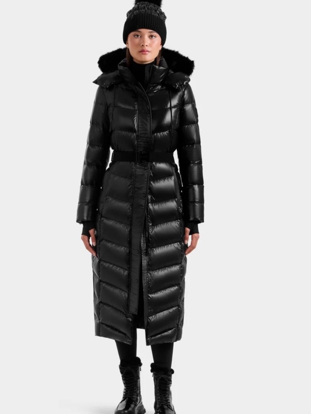 RUDSAK ELSIE Black Long Quilted Belted Down Puffer Coat with Faux-Fur Hood